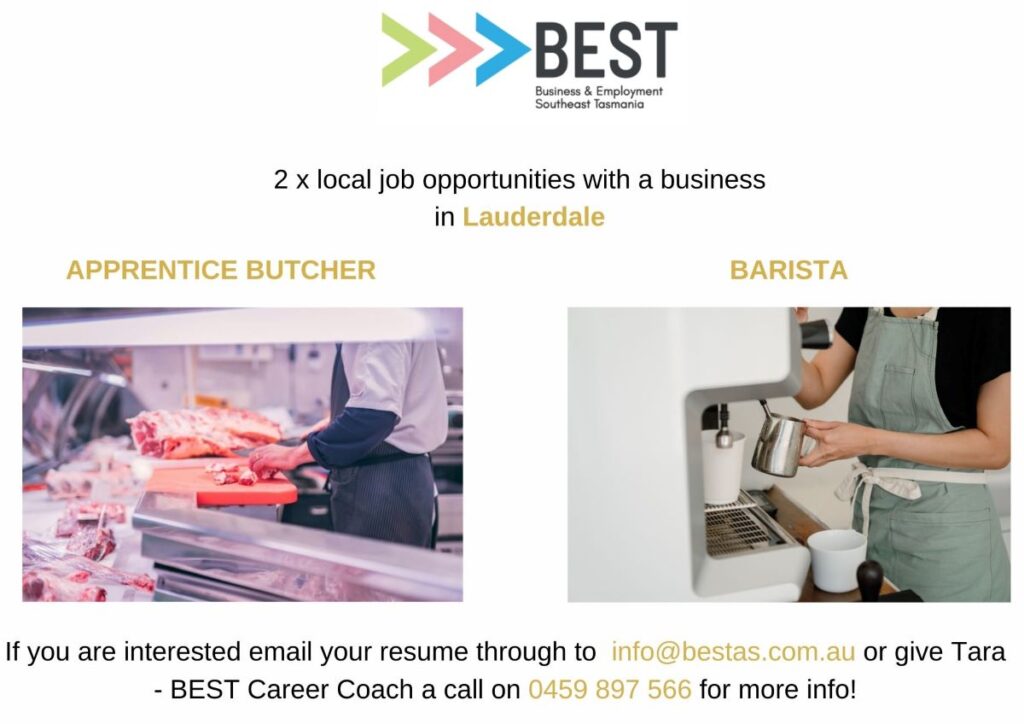2 x local job opportunities have become available with a business in Lauderdale 
🥩𝗔𝗣𝗣𝗥𝗘𝗡𝗧𝗜𝗖𝗘 𝗕𝗨𝗧𝗖𝗛𝗘𝗥
Full Time hours 
Must be available to work some weekends. 
☕𝗕𝗔𝗥𝗜𝗦𝗧𝗔
Casual hours, potential to turn into Part Time hours. 
Must have a minimum of 12 months barista experience
Work a rotating roster of weekdays and weekends
𝗘𝗺𝗮𝗶𝗹 𝘆𝗼𝘂𝗿 𝗿𝗲𝘀𝘂𝗺𝗲 𝘁𝗼 𝗶𝗻𝗳𝗼@𝗯𝗲𝘀𝘁𝗮𝘀.𝗰𝗼𝗺.𝗮𝘂, 𝗼𝗿 𝗴𝗶𝘃𝗲 𝗧𝗮𝗿𝗮 𝗮 𝗰𝗮𝗹𝗹 𝗼𝗻 𝟬𝟰𝟱𝟵 𝟴𝟵𝟳 𝟱𝟲𝟲 𝗳𝗼𝗿 𝗺𝗼𝗿𝗲 𝗶𝗻𝗳𝗼!