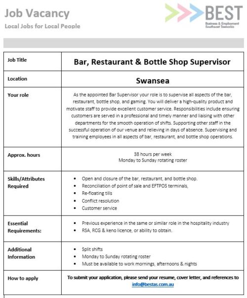 Bar, Restaurant & Bottle Shop Supervisor Business & Employment