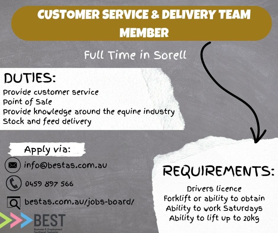 Customer Service and Delivery Team Member in Sorell. Full Time. Apply via - info@bestas.com.au