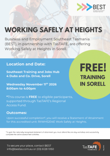 Flyer for Working Safely at Heights - Sorell. 